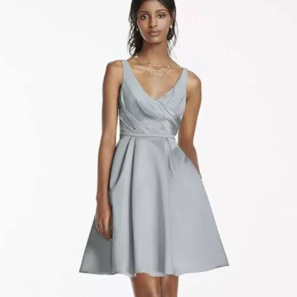 NWT David's Bridal  Gray Satin Pleated Pockets Cocktail Dress 2 Mercury Formal